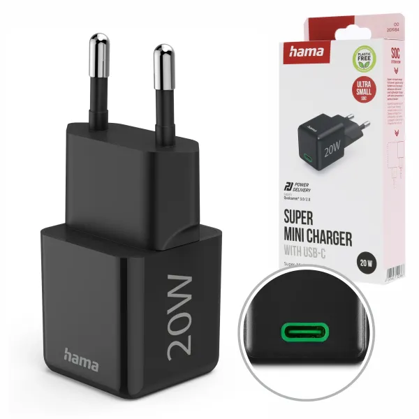 Hama Ładowarka sieciowa SuperMini 20W PD/QC USB-C do smartfonu telefonu