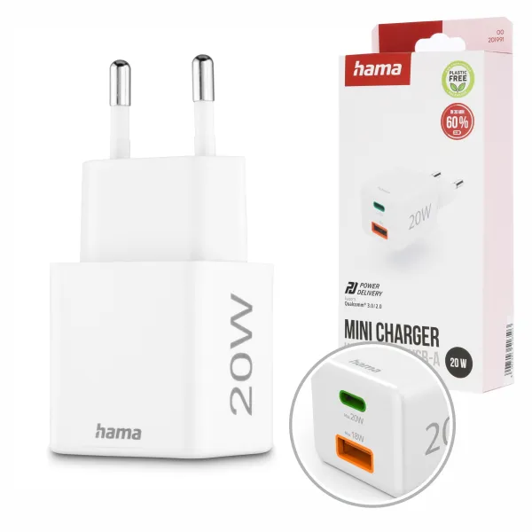 SZYBKA ŁADOWARKA SIECIOWA HAMA MINI PD 20W USB-A USB-C QUICK CHARGE KOSTKA