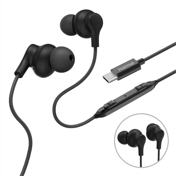 HAMA SŁUCHAWKI DOUSZNE CURLY PRZEWODOWE USB-C NEW CZARNE PILOT MIKROFON