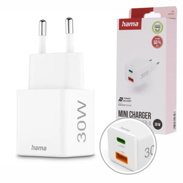 Hama ŁADOWARKA sieciowa MINI 30W szybkie ładowanie USB-A USB-C do telefonu
