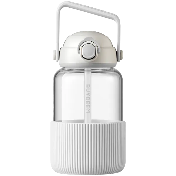 BUYDEEM Szklany bidon ze słomką 1L, DG710, Oat White