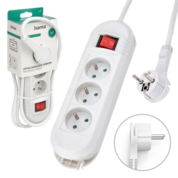 Listwa zasilająca przedłużacz Hama Comfort 3 gniazda 3 metry włącznik