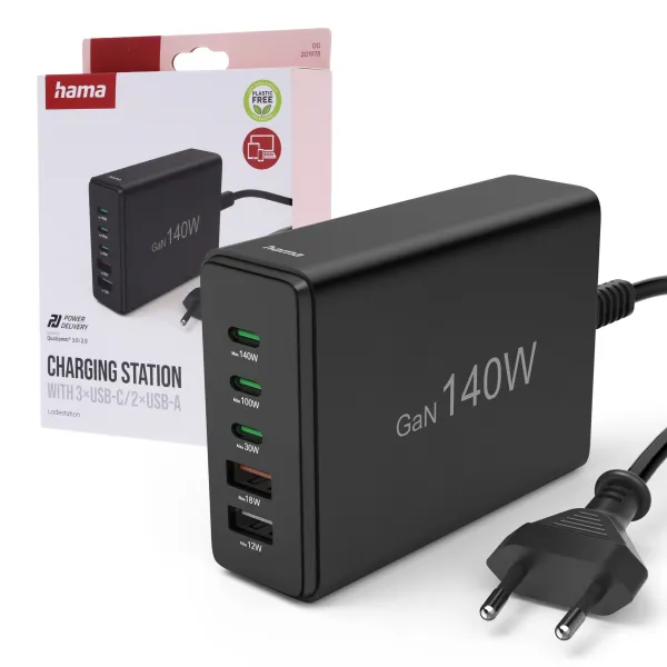 ŁADOWARKA STACJA ŁADUJĄCA HAMA 140W USB GaN 3xUSB-C  2xUSB-A PD+QuickCharge