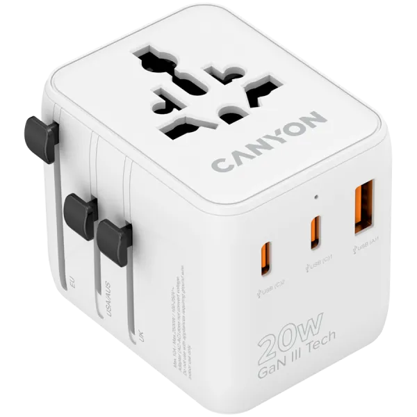 CANYON Adapter Podróżny OnTour 20W EU/UK/US/AUS Biały