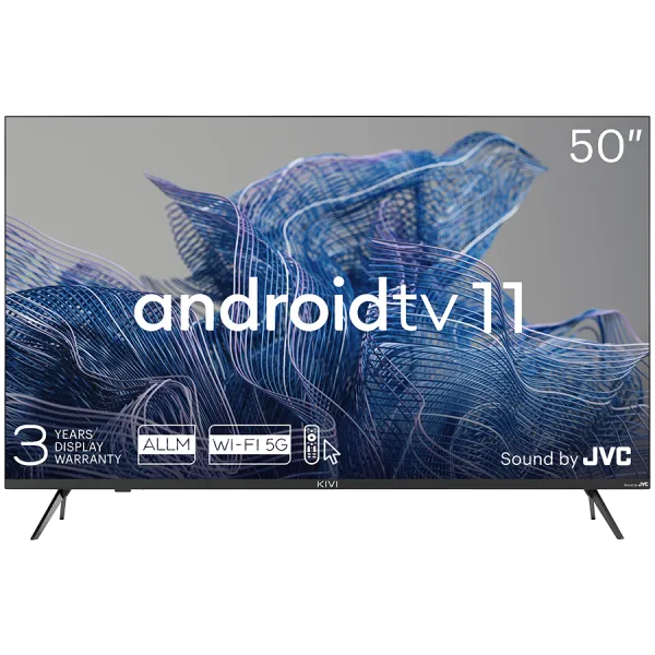 KIVI TV LED 50', UHD, Android TV, 3840x2160, 60 Hz, Sound JVC, 2x12W, BT 5.1, HDMI, Czarny