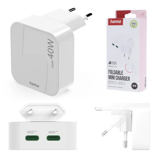 HAMA UNIWERSALNA ŁADOWARKA SKŁADANA KOSTKA DO TELEFONU GaN 40W 2x USB C