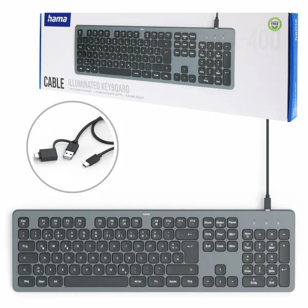 Hama Klawiatura PRZEWODOWA Kabel 1,8m CK-400 Przycisk AI Cicha USB A USB C