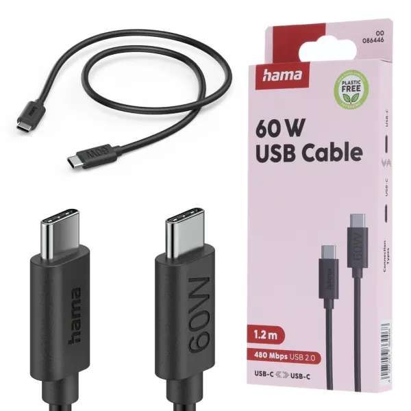 HAMA KABEL USB-C - USB-C 60W 1,2M CZARNY SZYBKIE ŁADOWANIE 480 Mbit/s
