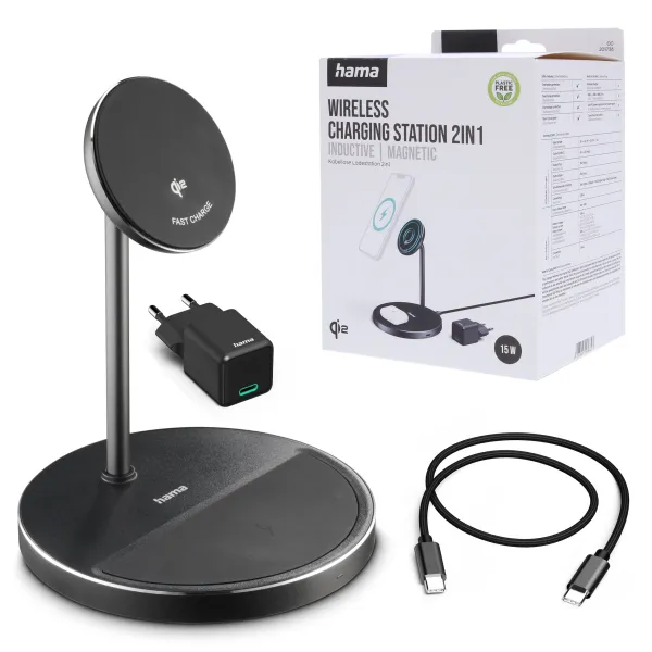 HAMA ŁADOWARKA INDUKCYJNA STAND 2W1 Qi2 FAST CHARGE 15W, CZARNA