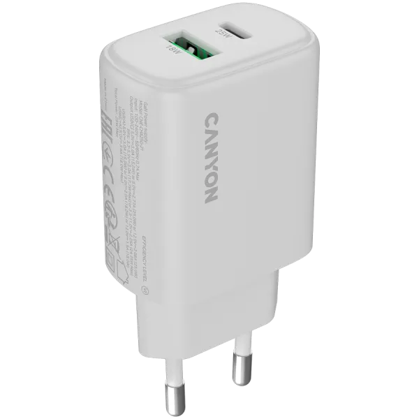 CANYON Ładowarka sieciowa OnCharge 250 25W 1xPD 1xQC EU Biała