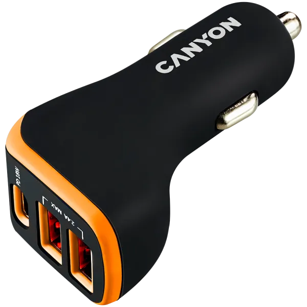 CANYON Ładowarka samochodowa C-08 PD 18W USB-C 2USB-A Czarno - Pomarańczowa