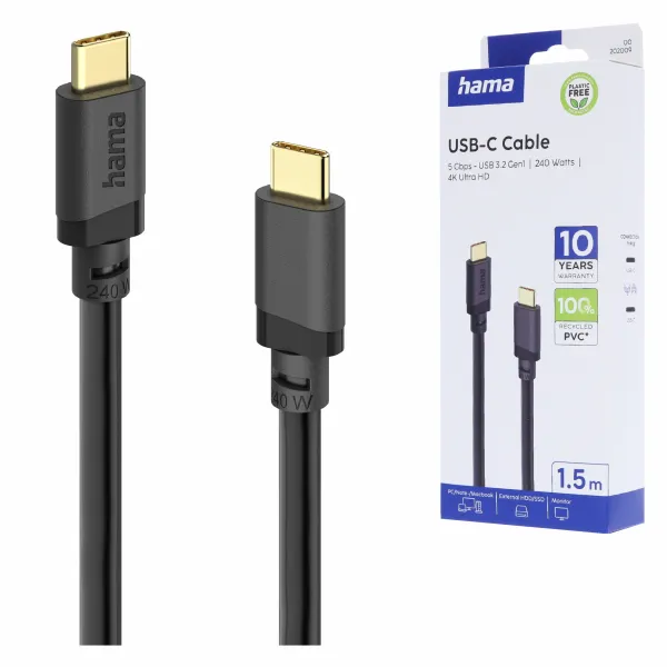 Hama kabel USB C 240W 5Gbps do szybkiego transferu danych i ładowania 1.5m