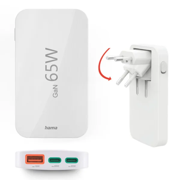 Szybka Ładowarka do telefonu Hama 65W GaN 2xUSB-C i 1x USB-A składana biała