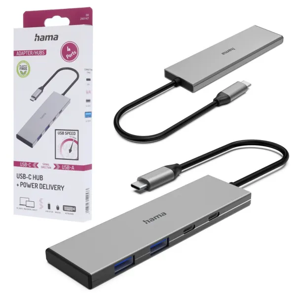 Hub USB C Hama 4 porty 2x USB A 2x USB C USB 3.2 Gen2 PD aluminiowy