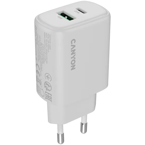 CANYON Ładowarka sieciowa OnCharge 200 20W 1xPD 1xQC EU Biała
