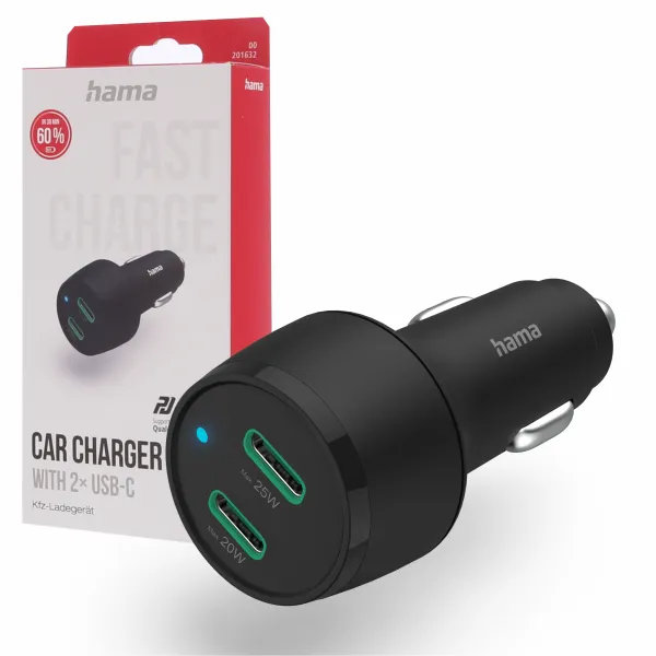 HAMA Ładowarka samochodowa 45W 2x USB-C PD/QC  szybkie ładowanie GaN LED