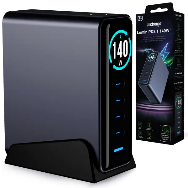 3mk InCharge Desktop Charger Lumin PD3.2 140W QC5  PPS AFC FCP SCP 1A4C TFT Display GaN3 Black