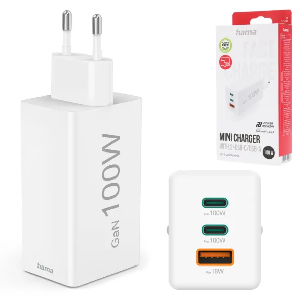 HAMA ŁADOWARKA SIECIOWA ZASILACZ DO LAPTOPA 100W GAN PD QC 2X USB C USB A