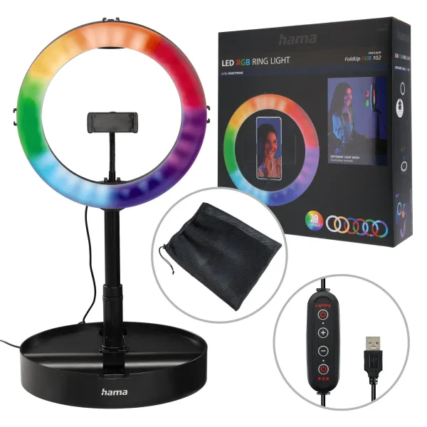 Hama Lampa pierścieniowa RGB kolorowa LED na statywie selfie wysoka 138 cm