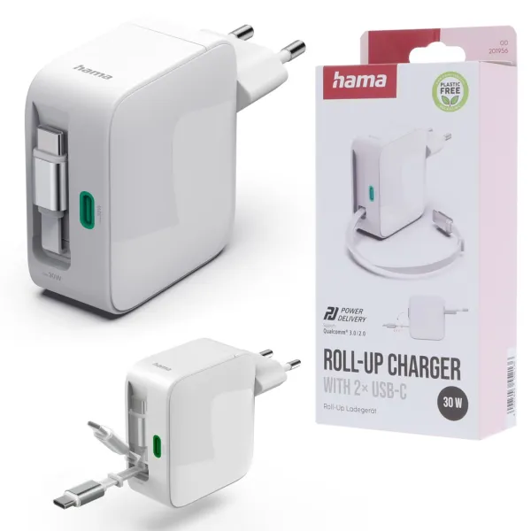 HAMA SZYBKA ŁADOWARKA SIECIOWA GAN 30W ZWIJANY KABEL USB C PD QC 3.0 KOSTKA
