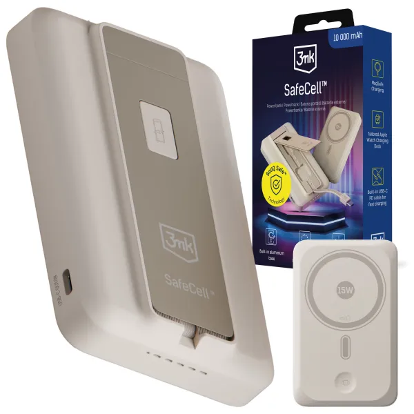 3mk SafeCell 4 in 1 Semi-Solid 22.5W Build in Cable Apple Watch MagSafe 10,000mAh Beige