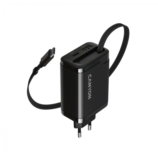 CANYON charger OnCharge 65RC Build-In Cable USB-C 65W 1xPD 1xQC EU Black