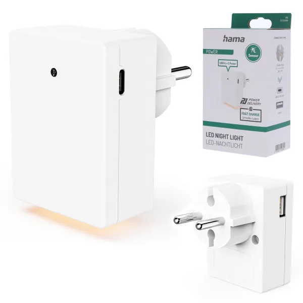 HAMA LAMPKA NOCNA LED Z USB 1X USB-A 1X USB-C CZUJNIK ZMIERZCHU CIEPŁA BIEL