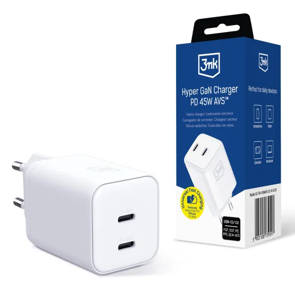 3mk Hyper Charger PD 45W GaN  AVS QC4+ PPS AFC FCP DCP 2C  White