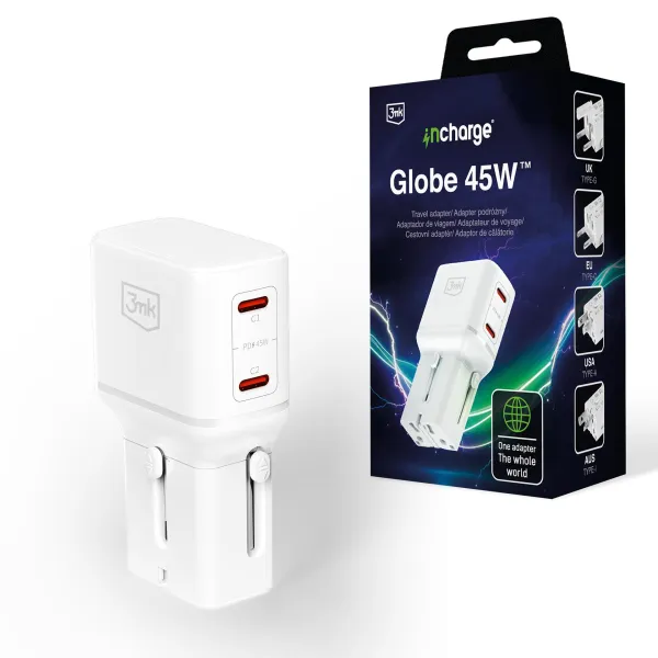 3mk incharge® Globe 45W™ 2C PD QC4+ PPS SCP AFC  US/EU/AUS/UK White