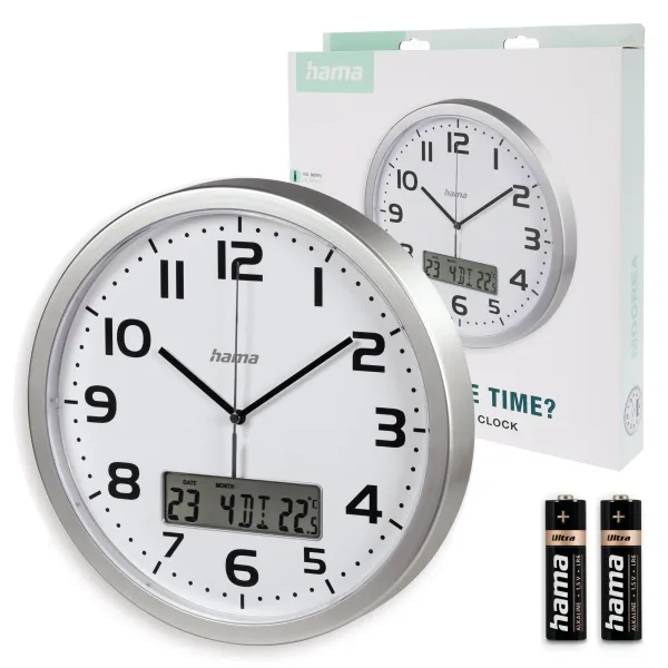 Hama zegar elektroniczny ścienny DCF MOOREA data temperatura srebrny 30 cm