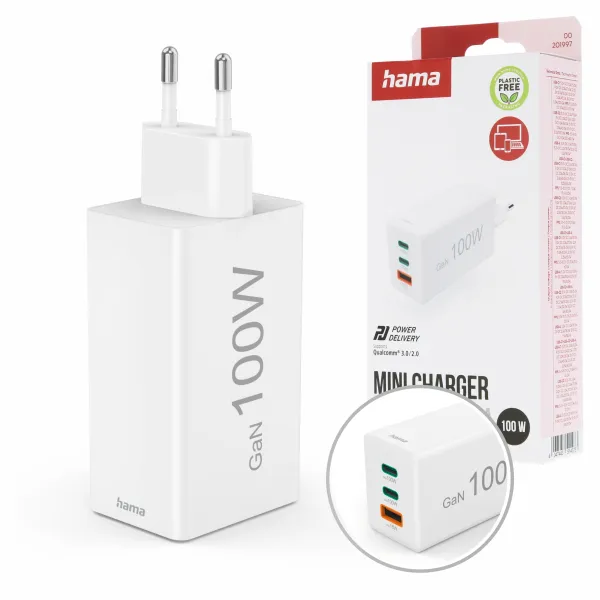 Ładowarka Sieciowa Hama 100W, 2 X Usb-C, 1 X Usb-A, Szybkie Ładowanie Biała